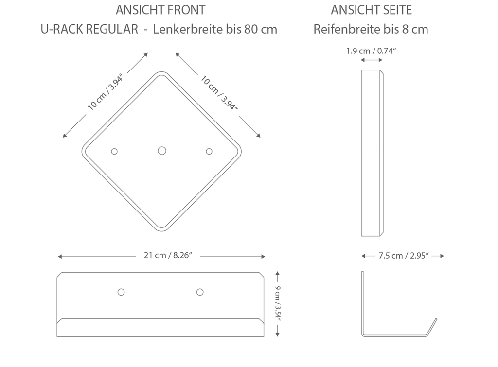 Dimensionen Skizzenzeichnung von Fahrrad Wandhalterung U-RACK Regular